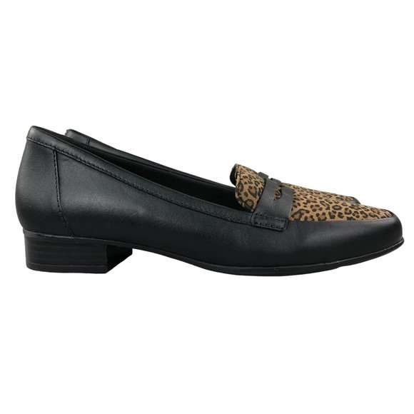 Clarks Collection Women's Size 8M Juliet Coast Black Leopard Brown Penny Loafers - Picture 1 of 13